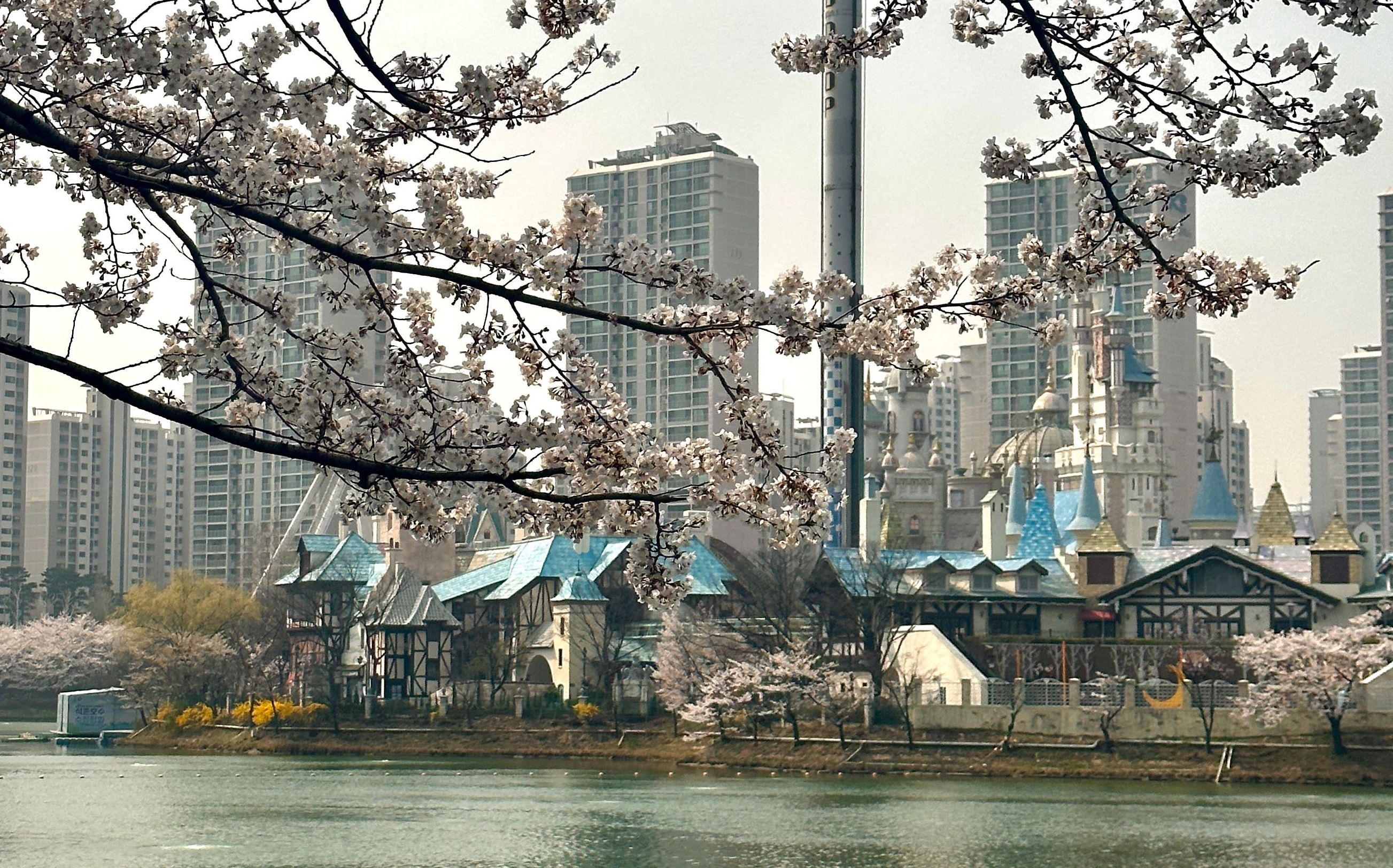 石村湖水公園內就能看到樂天世界的室外遊樂場。.jpg