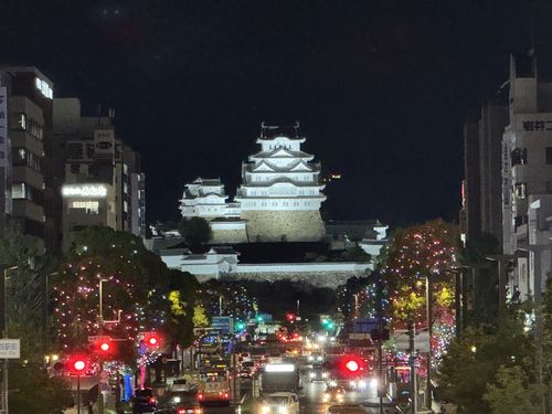 入夜後在燈光襯托下的姬路城,別有一番景致。.jpg
